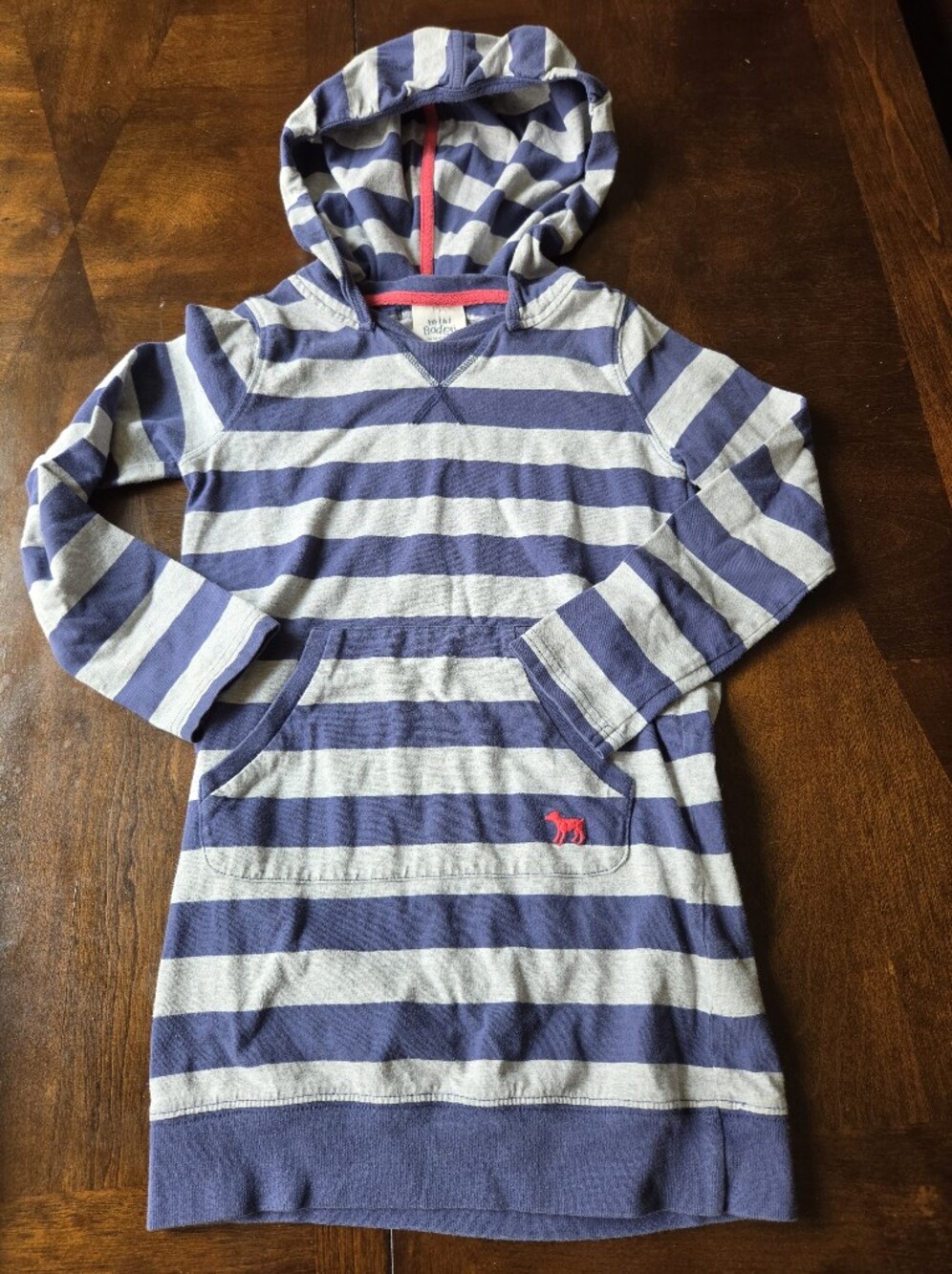 Mini Boden Girls Striped Hooded Dress  Navy Light Gray with Pink Accent 7-8